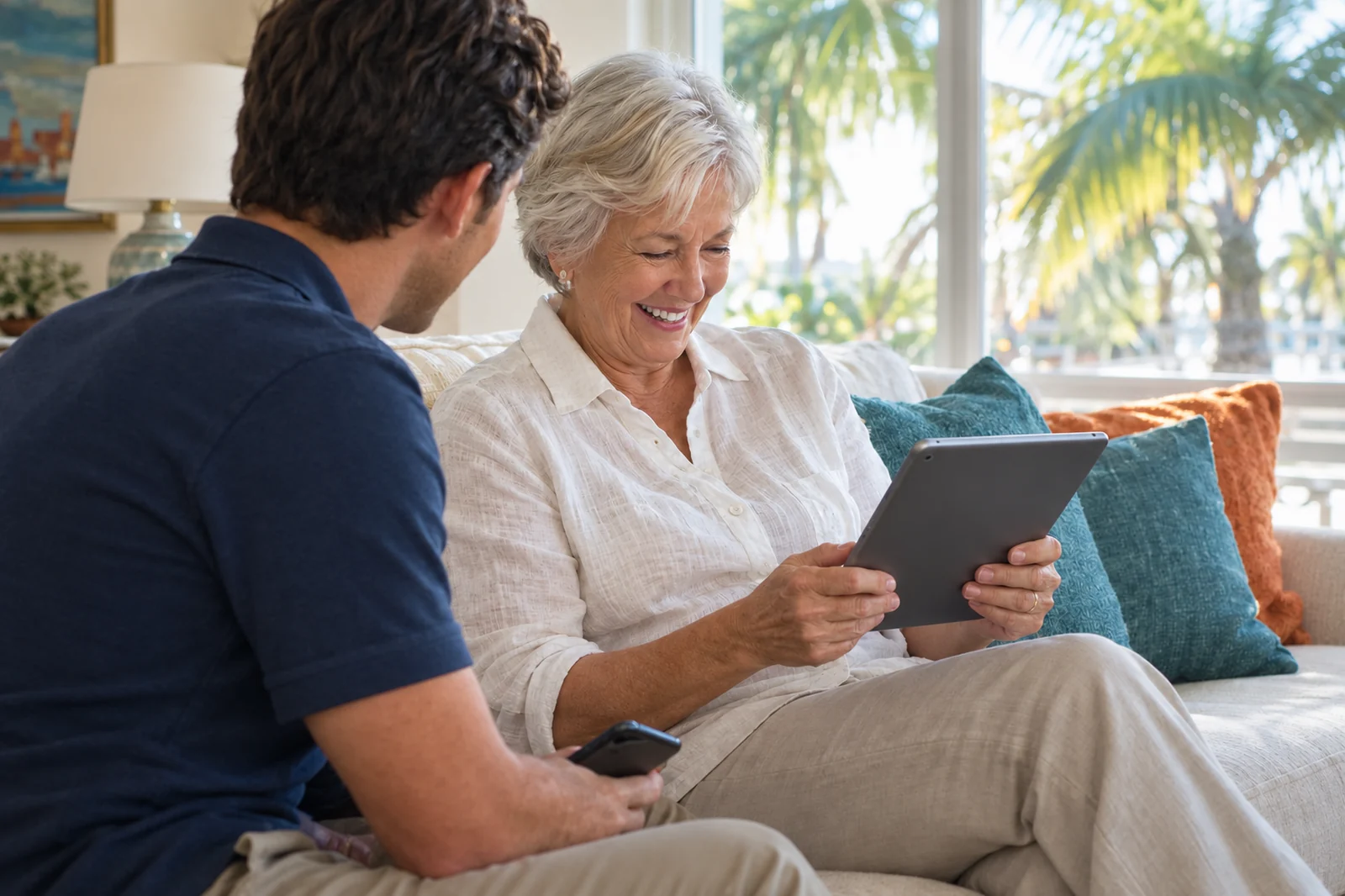 A smiling senior woman learning something new on her tablet while a helper sits beside her